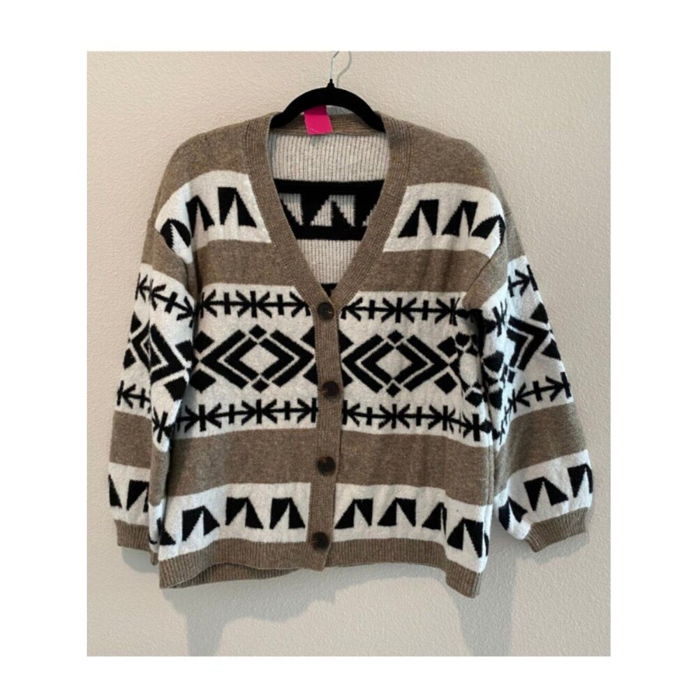 Women Aztec Print Cardigan Sweater Large Geometric Southwestern Button Front